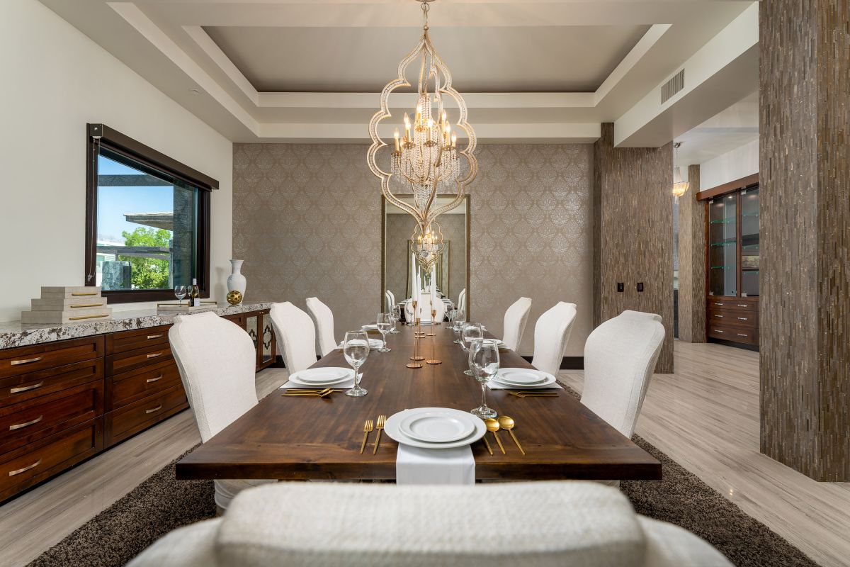 Dining area with ambient lights and chic centerpieces